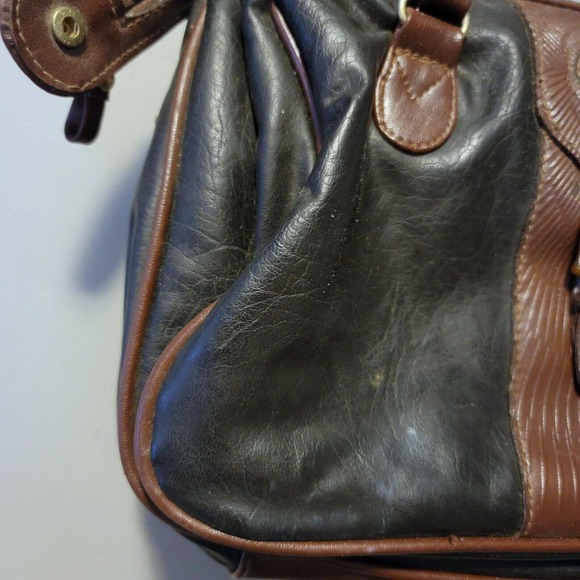 Vintage All Weather black tan Leather Satchel bag purse top Handle expandable - Picture 5 of 5